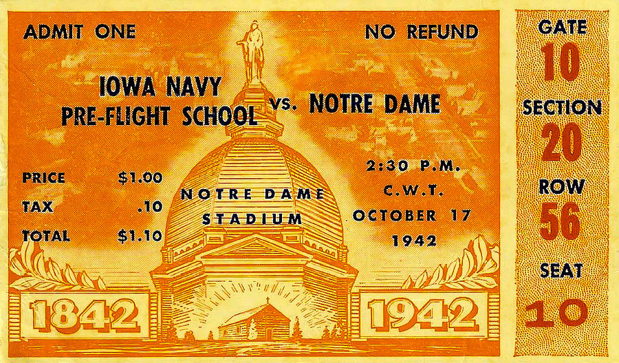 1942 Football Ticket Notre Dame vs Iowa Navy PreFlight Photograph by