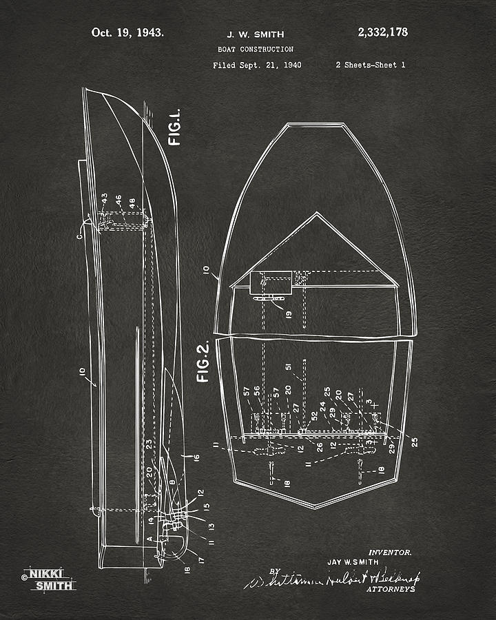 1943 Chris Craft Boat Patent Artwork - Gray Digital Art by Nikki Marie Smith