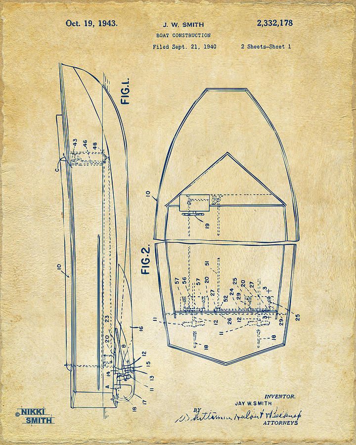 1943 Chris Craft Boat Patent Artwork - Vintage Digital Art by Nikki Marie Smith