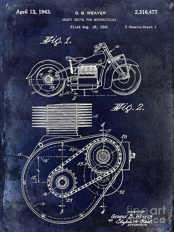 1943 Indian Motorcycle Patent Drawing Blue Photograph by Jon Neidert