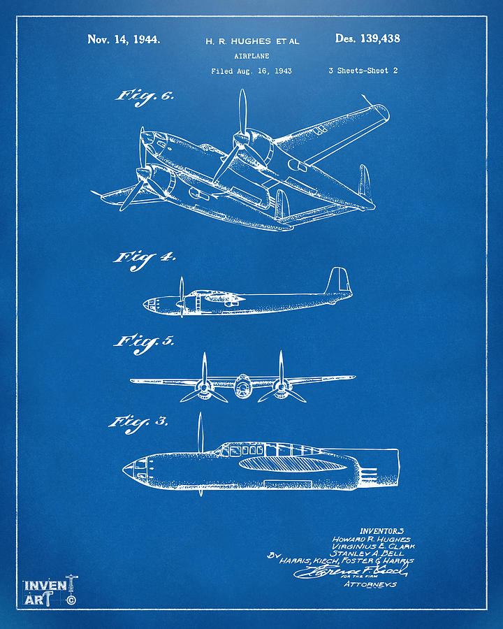 Vintage Digital Art - 1944 Howard Hughes Airplane Patent Artwork 2 Blueprint by Nikki Marie Smith
