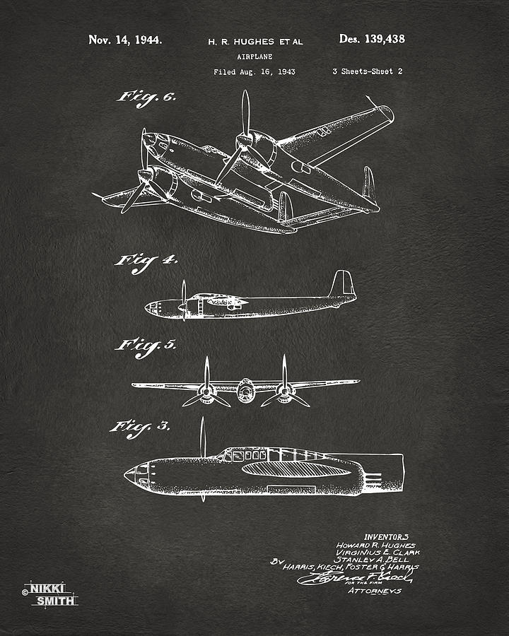 1944 Howard Hughes Airplane Patent Artwork 2 - Gray Digital Art by Nikki Marie Smith
