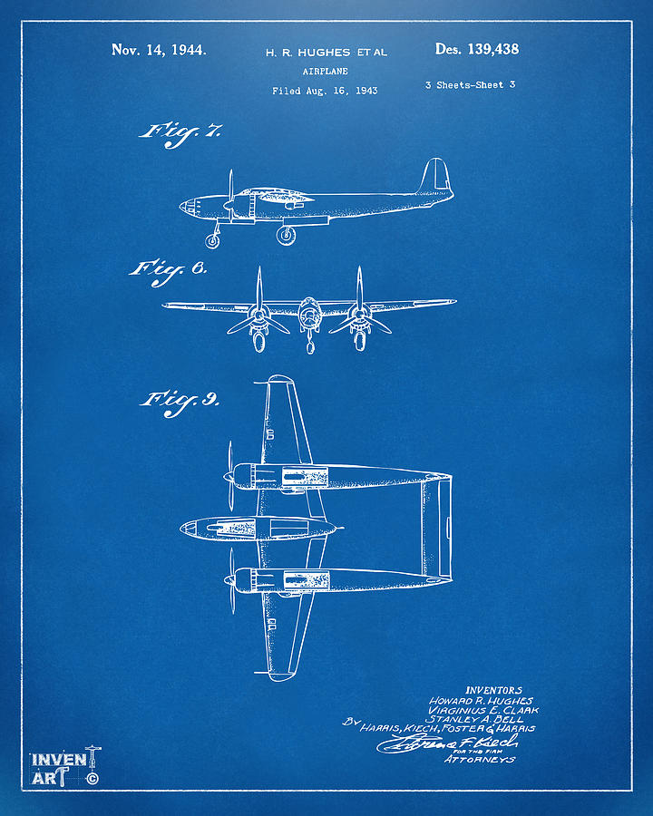 Vintage Digital Art - 1944 Howard Hughes Airplane Patent Artwork 3 Blueprint by Nikki Marie Smith
