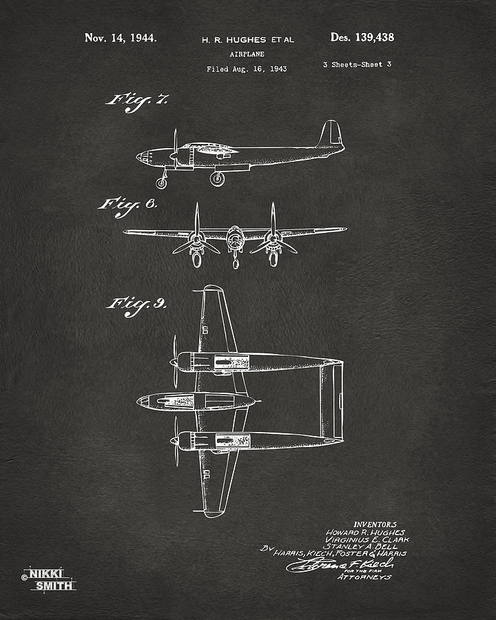 1944 Howard Hughes Airplane Patent Artwork 3 - Gray Digital Art by Nikki Marie Smith