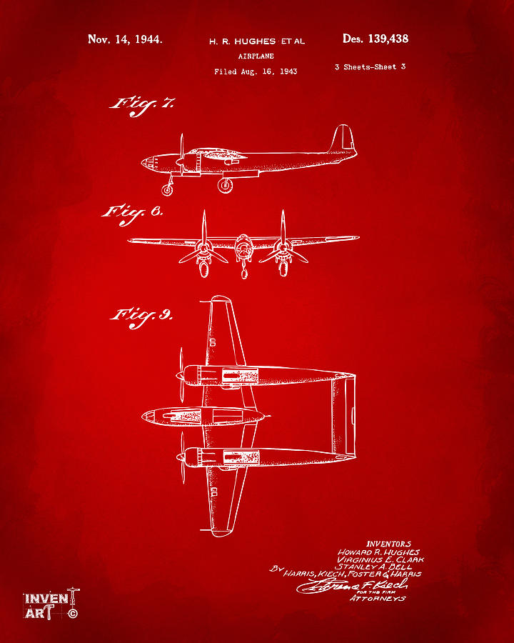 Vintage Digital Art - 1944 Howard Hughes Airplane Patent Artwork 3 Red by Nikki Marie Smith