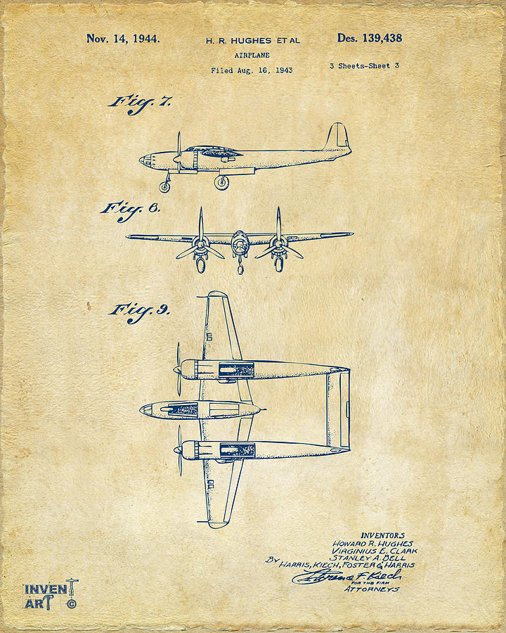 Vintage Digital Art - 1944 Howard Hughes Airplane Patent Artwork 3 Vintage by Nikki Marie Smith