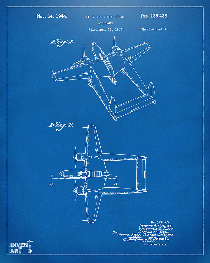 Vintage Digital Art - 1944 Howard Hughes Airplane Patent Artwork Blueprint by Nikki Marie Smith