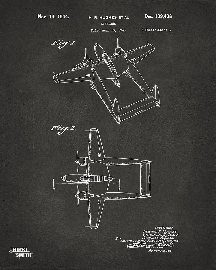 1944 Howard Hughes Airplane Patent Artwork - Gray Digital Art by Nikki Marie Smith