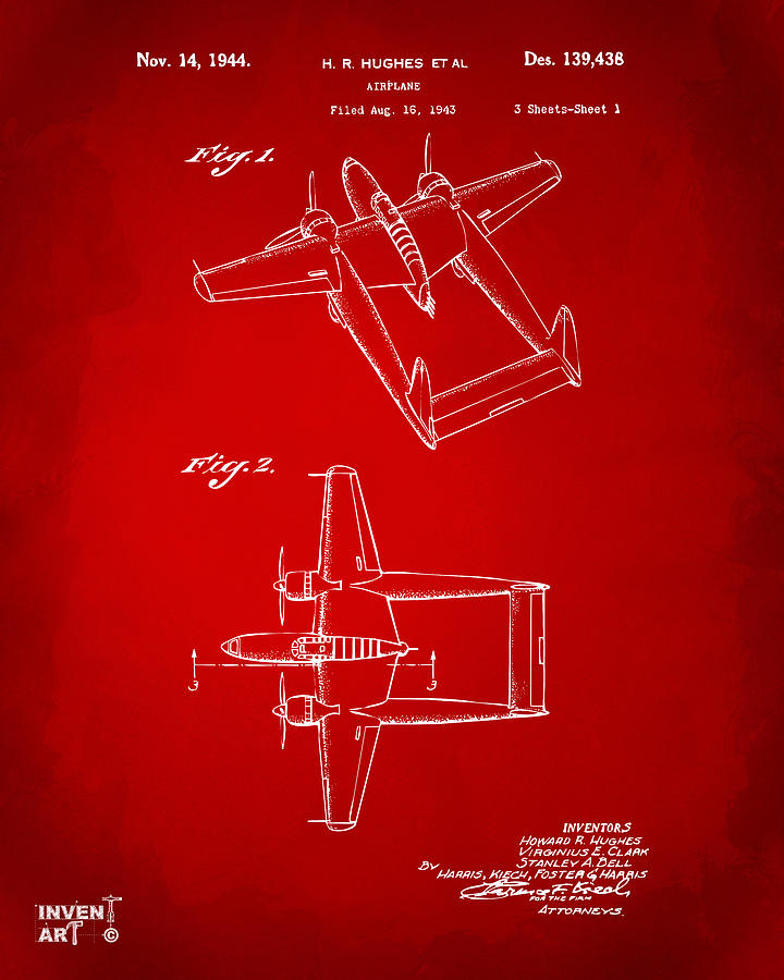 1944 Howard Hughes Airplane Patent Artwork Red Digital Art by Nikki Marie Smith
