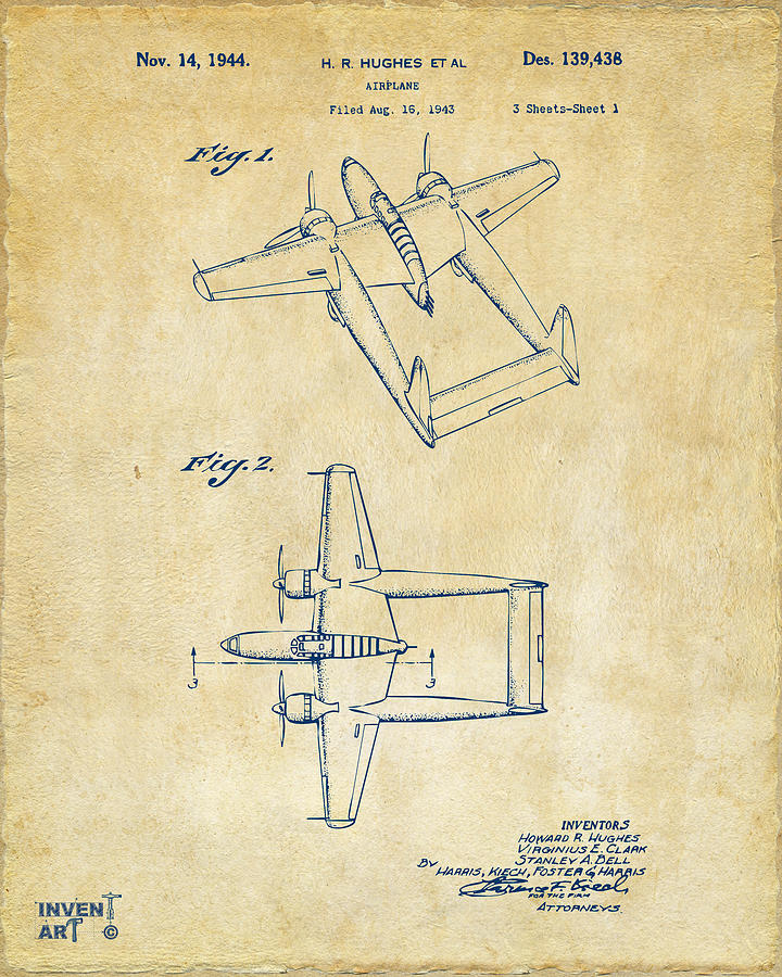 Vintage Digital Art - 1944 Howard Hughes Airplane Patent Artwork Vintage by Nikki Marie Smith
