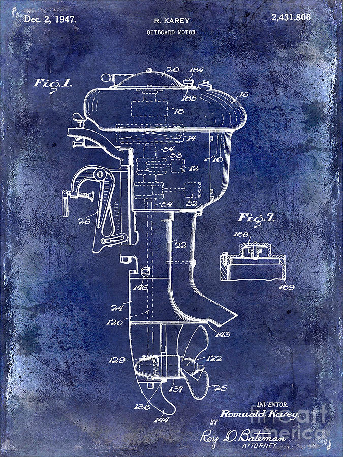 1947 Outboard Motor Patent Drawing Blue Photograph by Jon Neidert