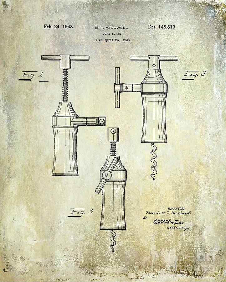 Wine Photograph - 1948 Corkscrew Patent Drawing by Jon Neidert