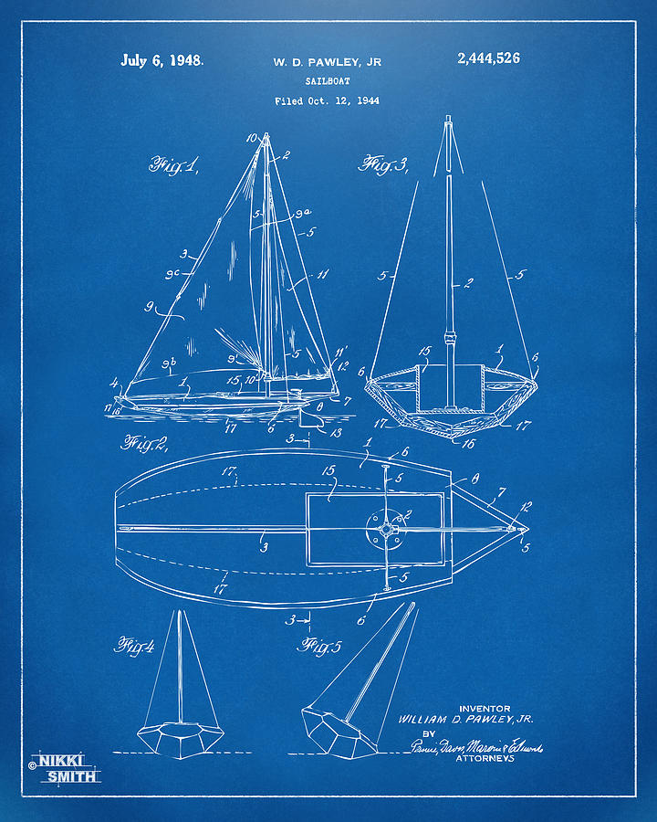 Vintage Digital Art - 1948 Sailboat Patent Artwork - Blueprint by Nikki Marie Smith