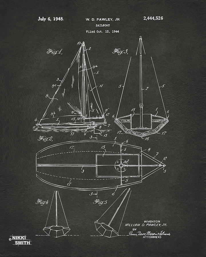 Vintage Digital Art - 1948 Sailboat Patent Artwork - Gray by Nikki Marie Smith