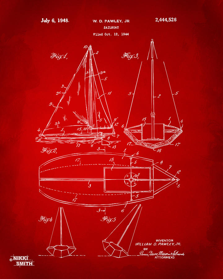 Vintage Digital Art - 1948 Sailboat Patent Artwork - Red by Nikki Marie Smith