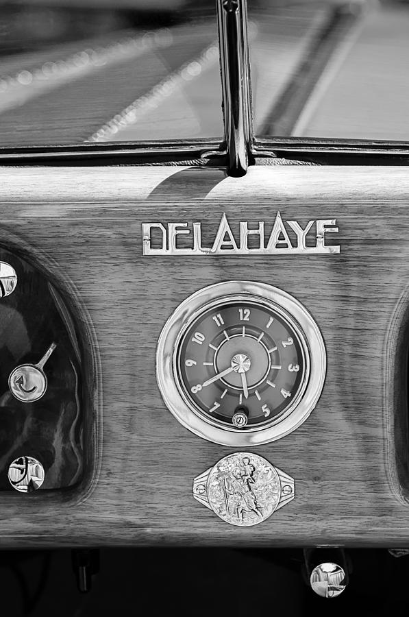 Car Photograph - 1949 Delahaye 175 S Cabriolet Dandy Dash Board Emblem - Clock by Jill Reger