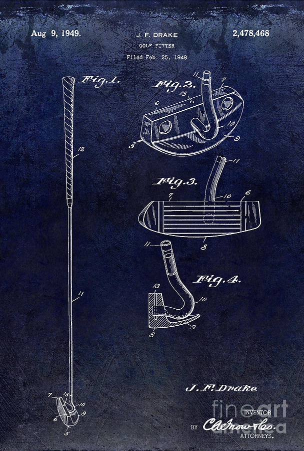 1949 Golf Putter Patent Drawing Blue Photograph by Jon Neidert