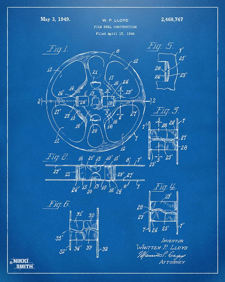 1949 Movie Film Reel Patent Artwork - Blueprint Digital Art by Nikki Marie Smith