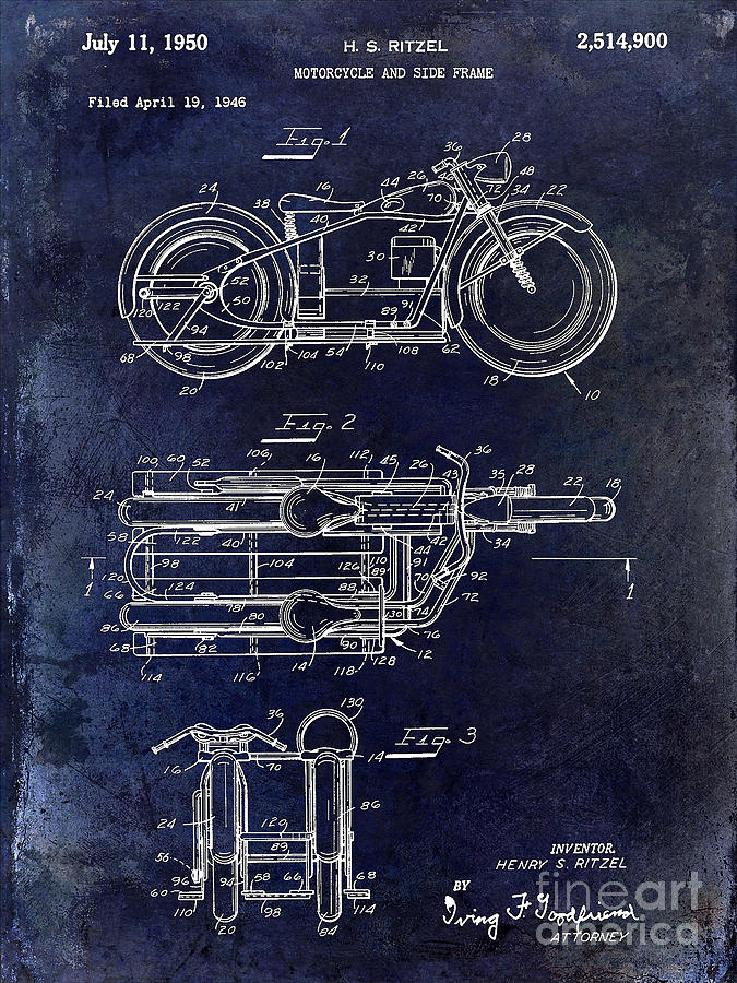1950 Motorcycle Patent Drawing Blue Photograph by Jon Neidert
