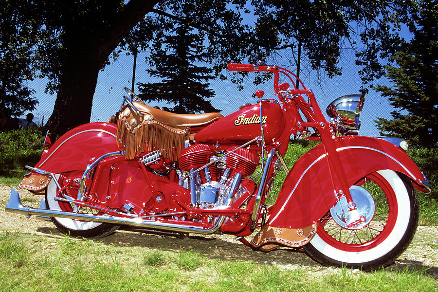 Motorcycle Photograph - 1950s 1953 Bright Red Indian Motorcycle by Vintage Images