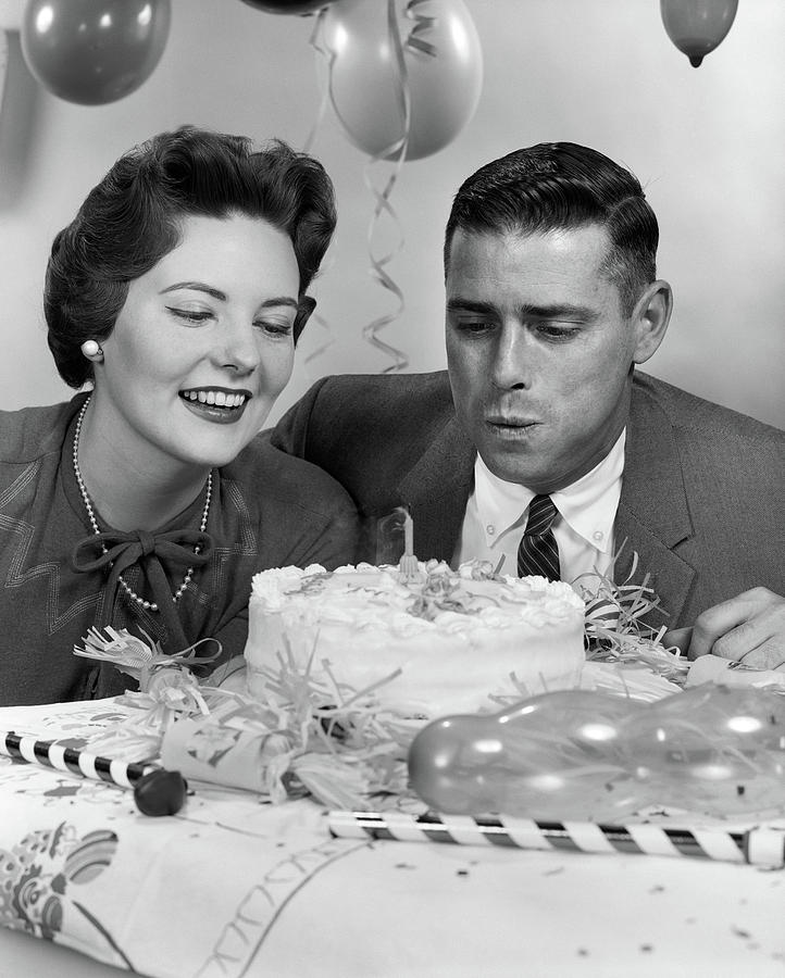 Black And White Photograph - 1950s 1960s Couple With Birthday by Vintage Images