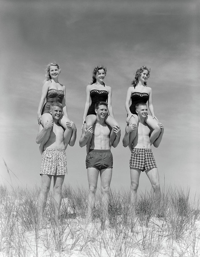 1950s 1960s Three Couples At Beach Photograph by Vintage Images
