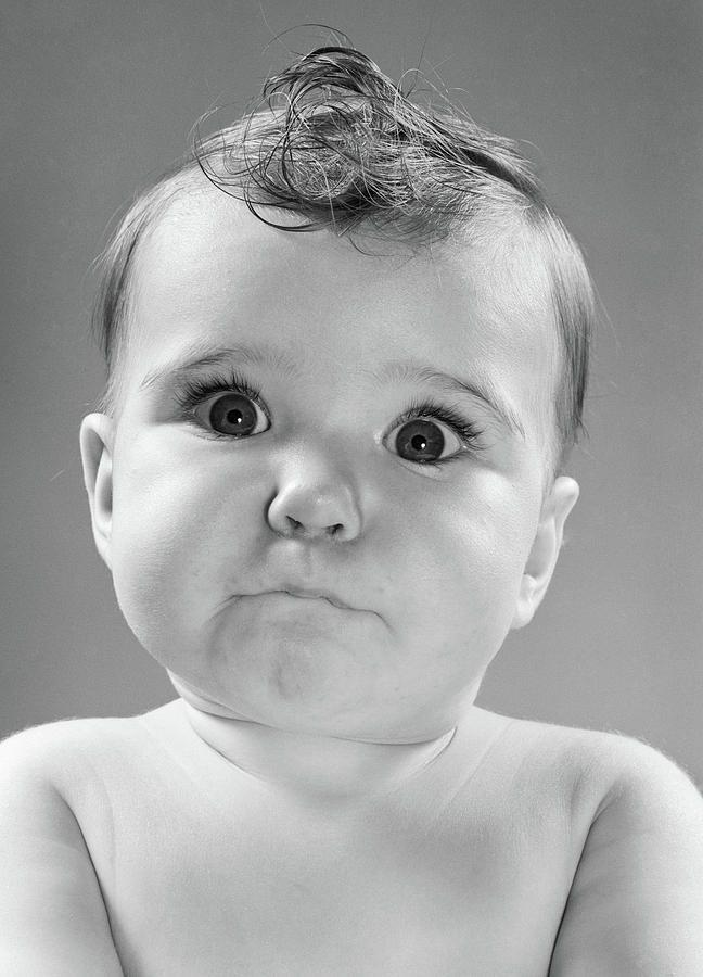 Black And White Photograph - 1950s Baby Making Funny Face With Wide by Vintage Images