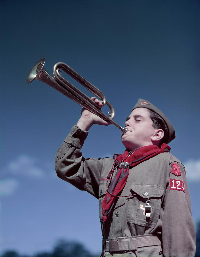 1950s Boy Scout Blowing Bugle Photograph by Vintage Images - Fine