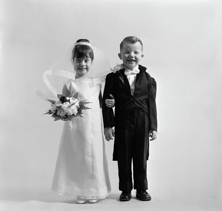 Black And White Photograph - 1950s Children Groom Bride Wedding by Vintage Images