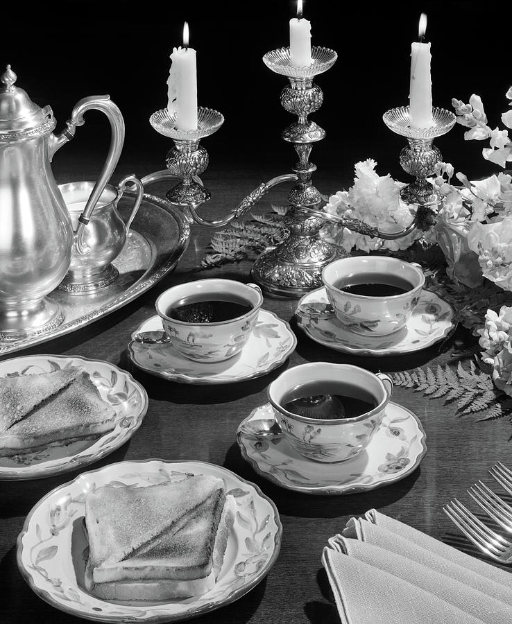 Black And White Photograph - 1950s Elegant Soup & Sandwiches Lunch by Vintage Images