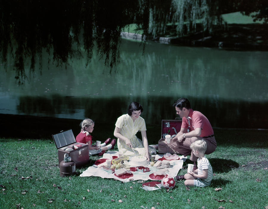 Cake Photograph - 1950s Family Picnic By Pond Lake Mom by Vintage Images
