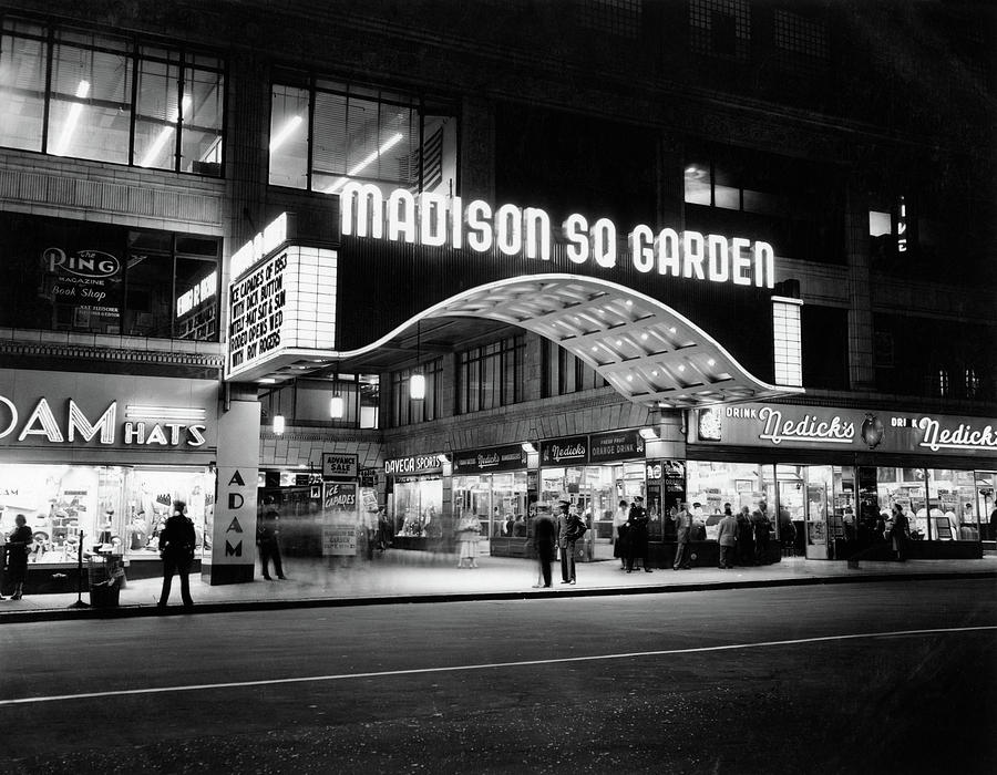 Black And White Photograph - 1950s Madison Square Garden Marquee by Vintage Images