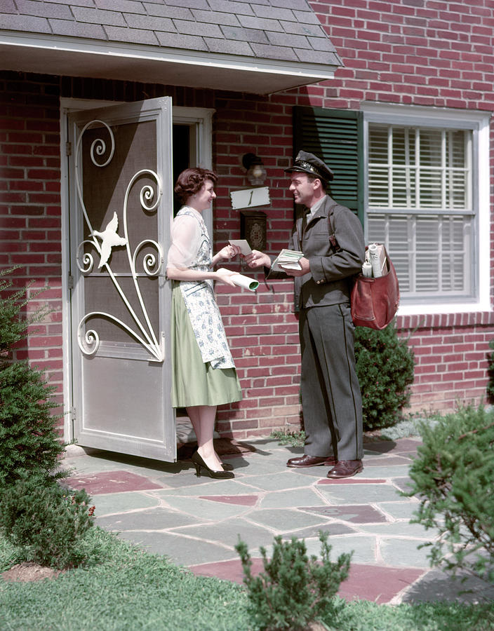 Architecture Photograph - 1950s Mailman Letter Carrier Delivering by Vintage Images