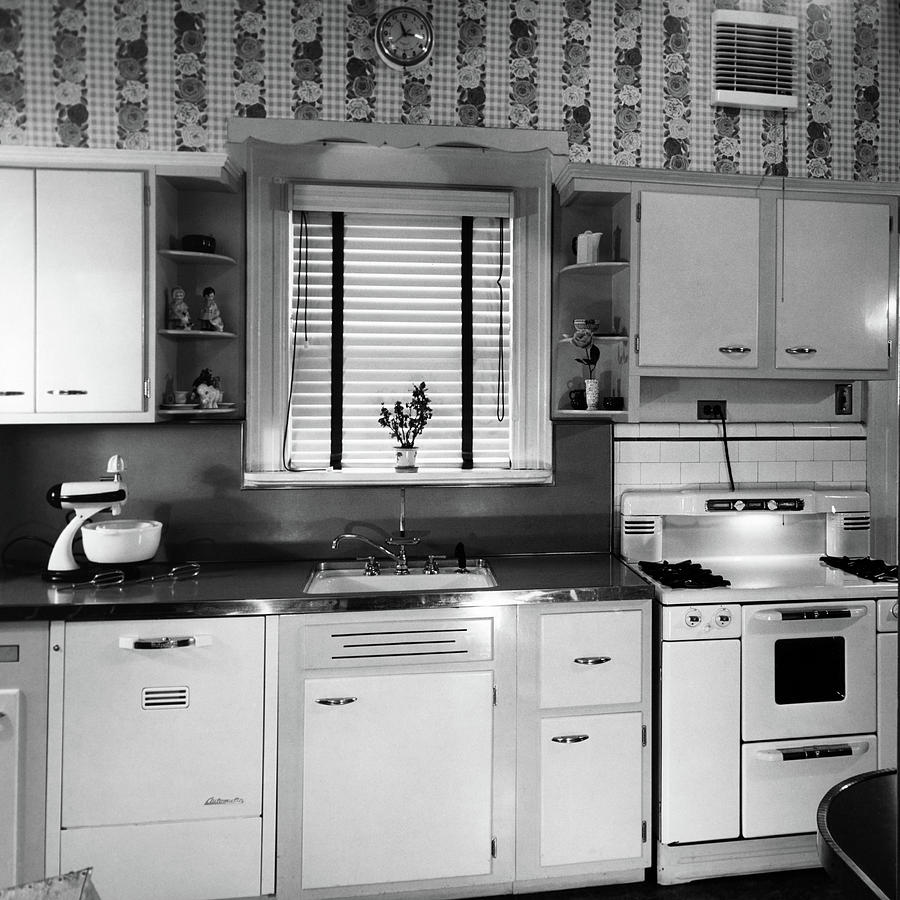 Black And White Photograph - 1950s Modern Kitchen Interior Sink by Vintage Images