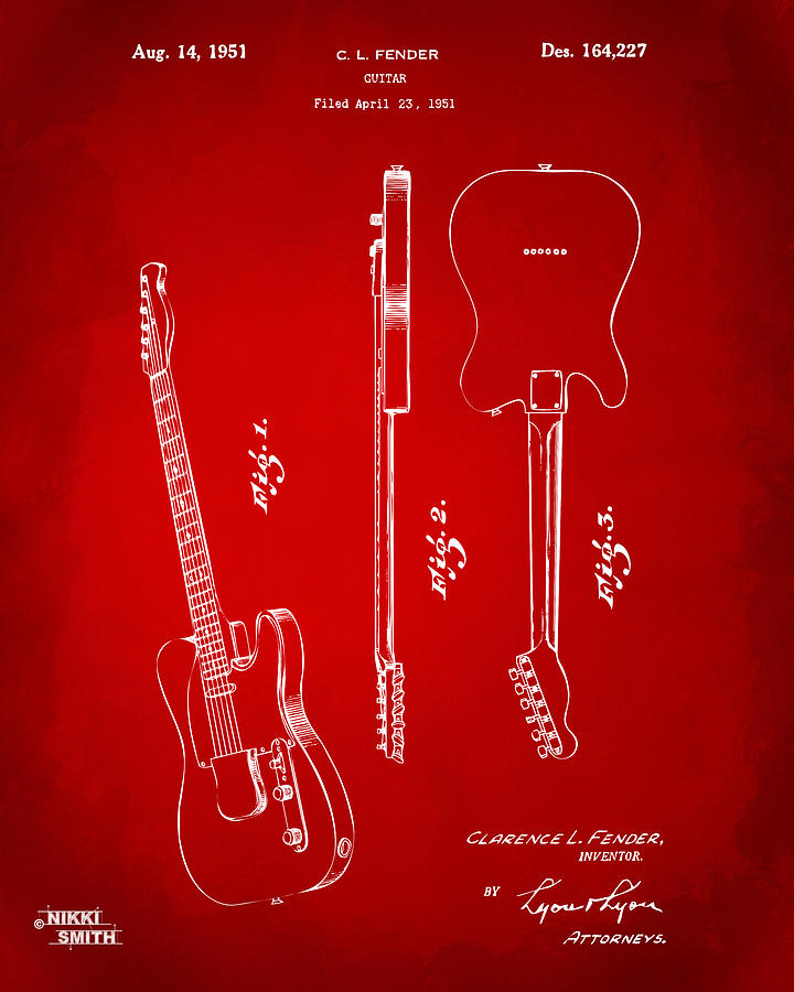 Music Drawing - 1951 Fender Electric Guitar Patent Artwork - Red by Nikki Marie Smith