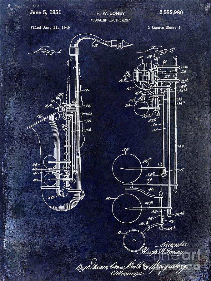 1951 Saxophone Patent Drawing Blue Photograph by Jon Neidert