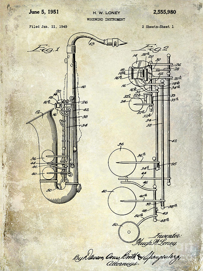1951 Saxophone Patent Drawing Photograph by Jon Neidert