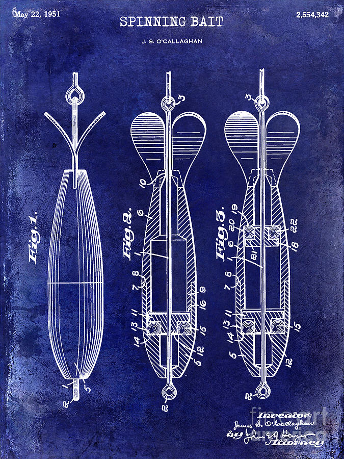 Bass Photograph - 1951 Spinning Bait Patent Drawing Blue by Jon Neidert