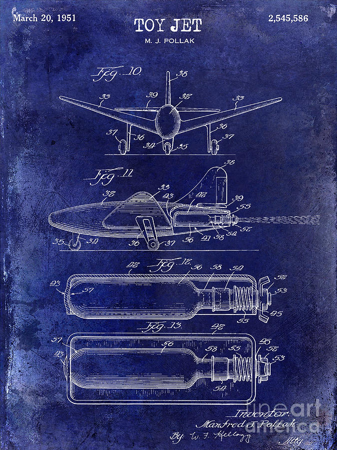 Airplane Photograph - 1951 Toy Jet Patent Drawing Blue by Jon Neidert