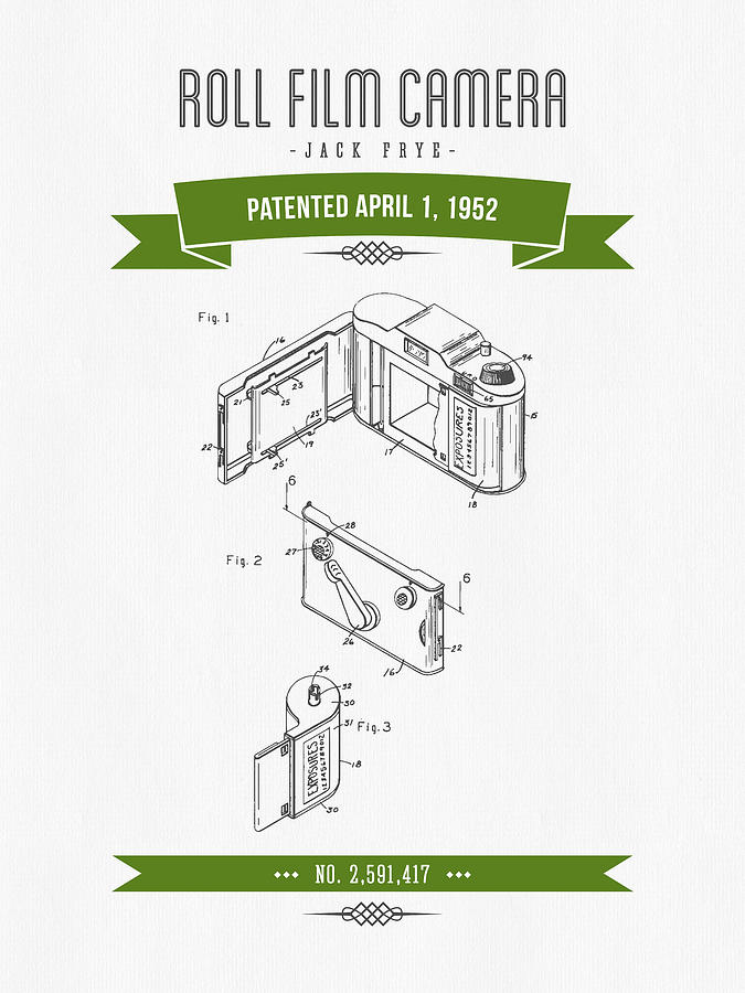 Vintage Digital Art - 1952 Roll Film Camera Patent Drawing - Retro Green by Aged Pixel