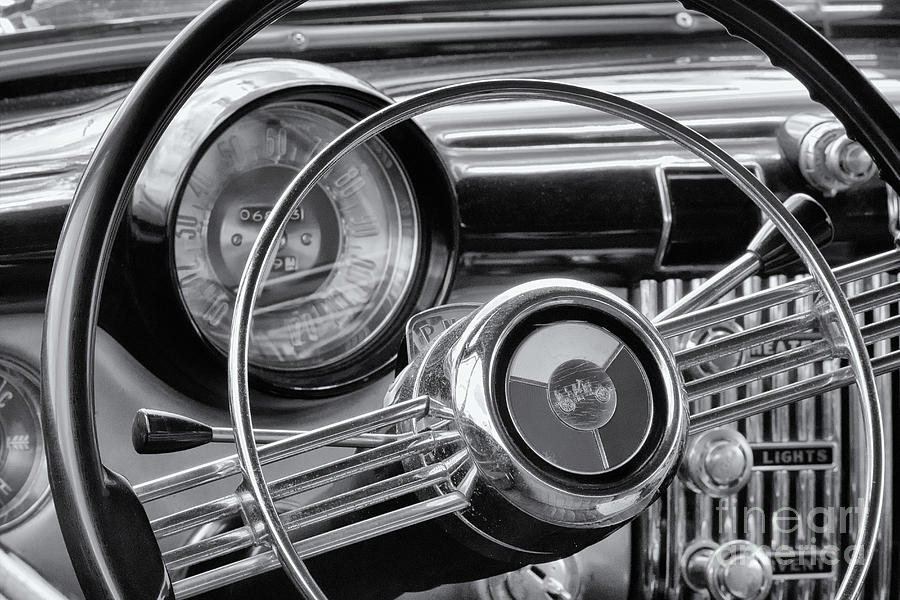 1953 Buick Super Dashboard and Steering Wheel BW Photograph by Jerry Fornarotto