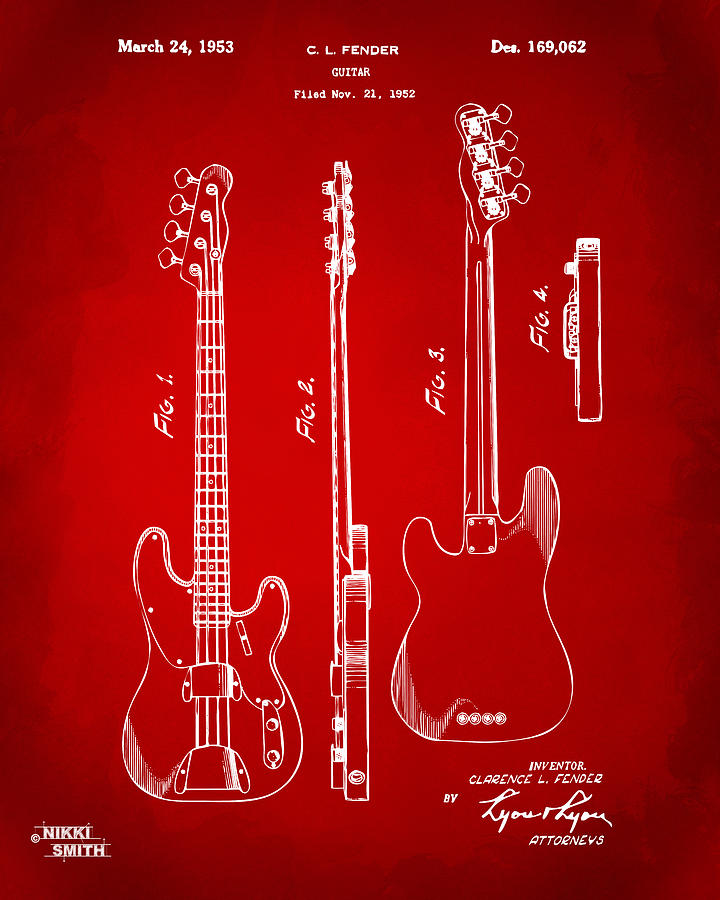 Music Drawing - 1953 Fender Bass Guitar Patent Artwork - Red by Nikki Marie Smith