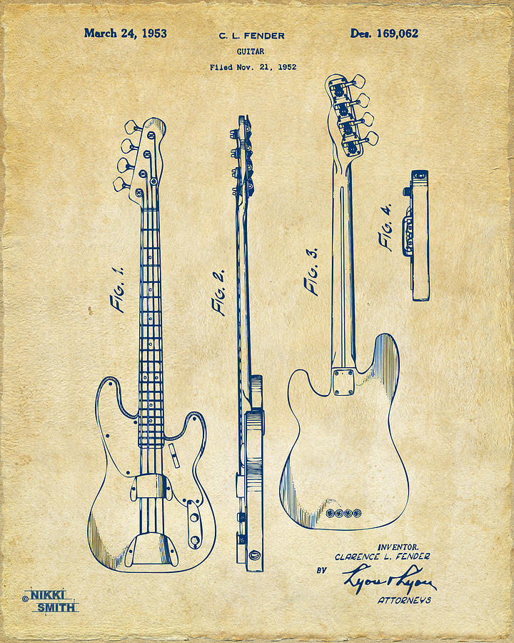 Music Digital Art - 1953 Fender Bass Guitar Patent Artwork - Vintage by Nikki Marie Smith