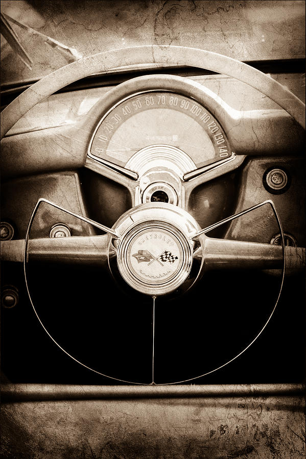 Car Photograph - 1954 Chevrolet Corvette Steering Wheel Emblem by Jill Reger