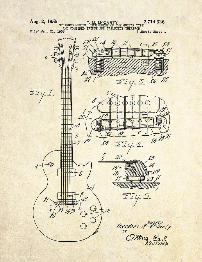 1955 Gibson Les Paul Patent Drawing Drawing by Gary Bodnar