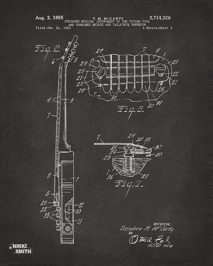 Guitar Digital Art - 1955 McCarty Gibson Les Paul Guitar Patent Artwork 2 - Gray by Nikki Marie Smith