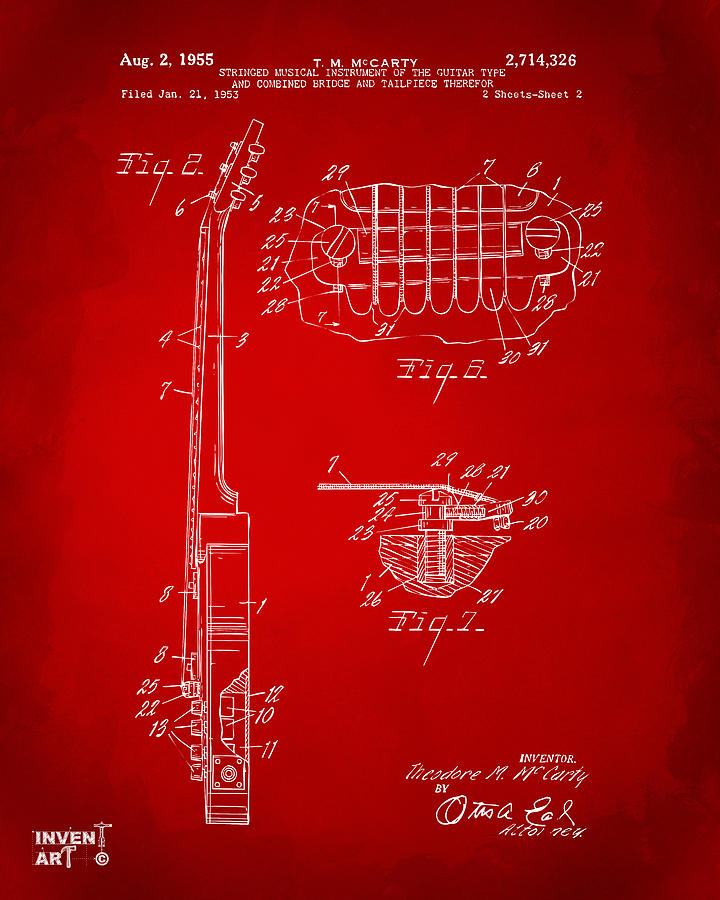 Vintage Digital Art - 1955 McCarty Gibson Les Paul Guitar Patent Artwork 2 Red by Nikki Marie Smith