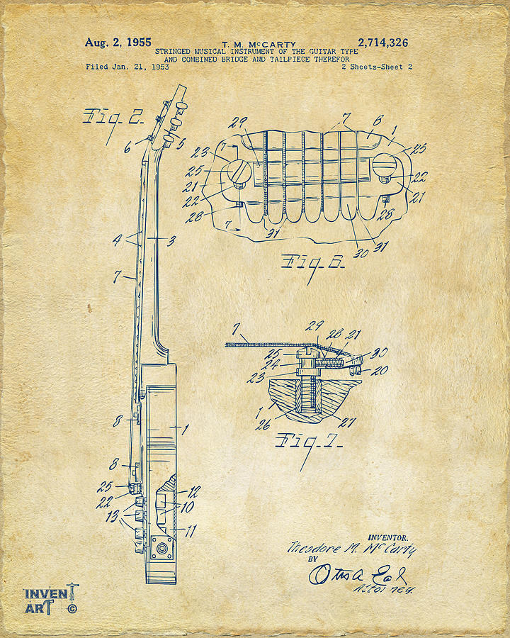 1955 McCarty Gibson Les Paul Guitar Patent Artwork 2 Vintage Digital Art by Nikki Marie Smith