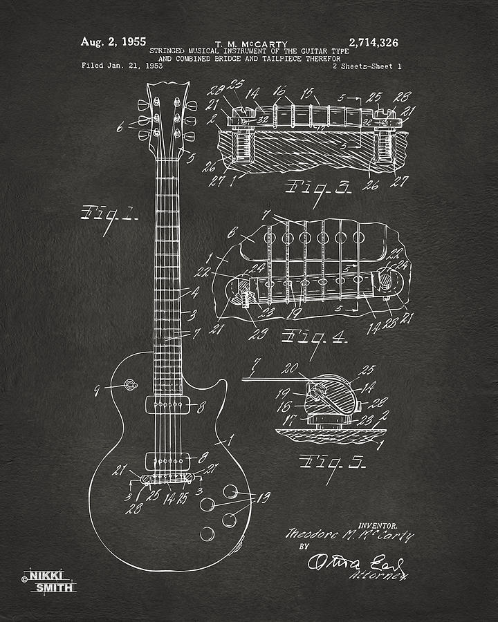 Guitar Digital Art - 1955 McCarty Gibson Les Paul Guitar Patent Artwork - Gray by Nikki Marie Smith