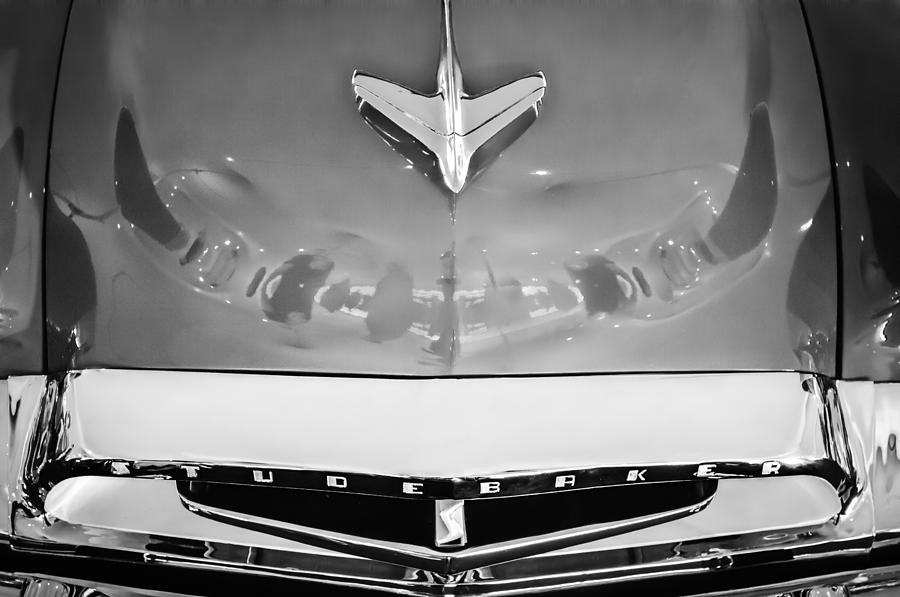 Black And White Photograph - 1955 Studebaker Champion Conestoga Custom Wagon Hood Ornament - Grille Emblem -0325bw by Jill Reger